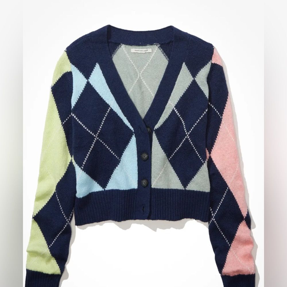 American Eagle AE Cropped Argyle Button Up Cardigan Academia Preppy Studious S